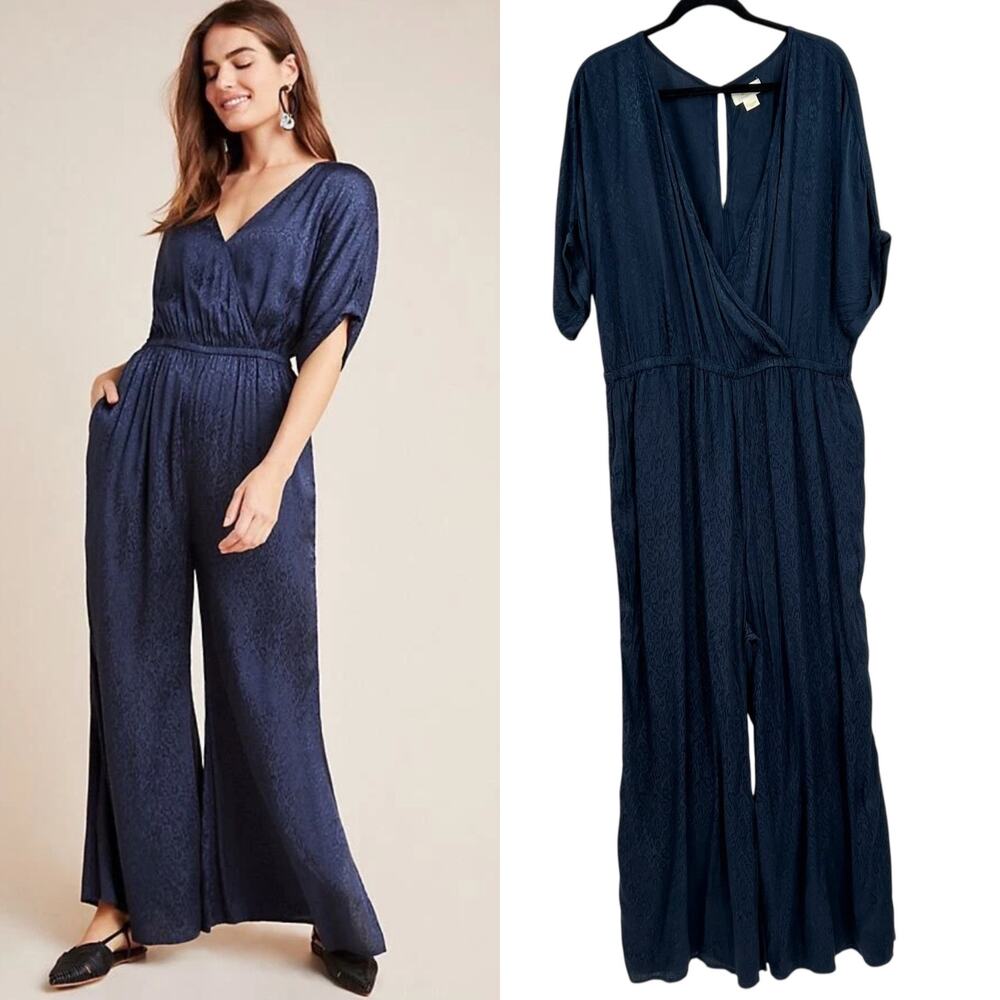Anthropologie Maeve Jaqueline Jacquard Jumpsuit Leopard Print Navy Blue Size XL